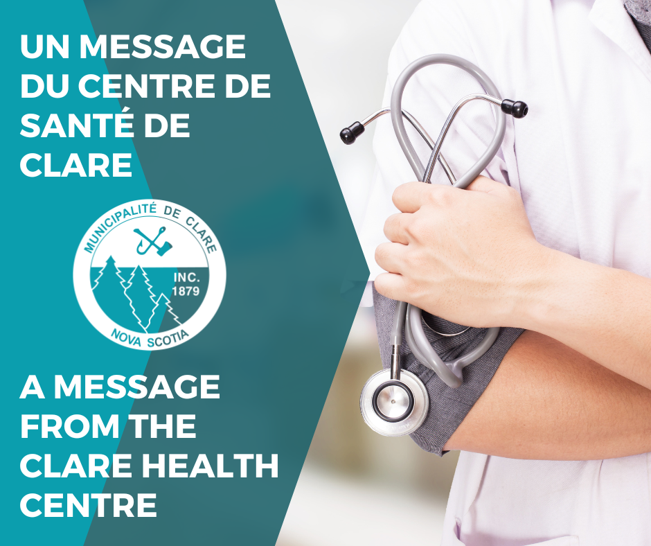 Une image d'un médecin tenant un stéthoscope à droite avec des bannières sarcelles à gauche et le texte « Un message du Centre de santé Clare ».